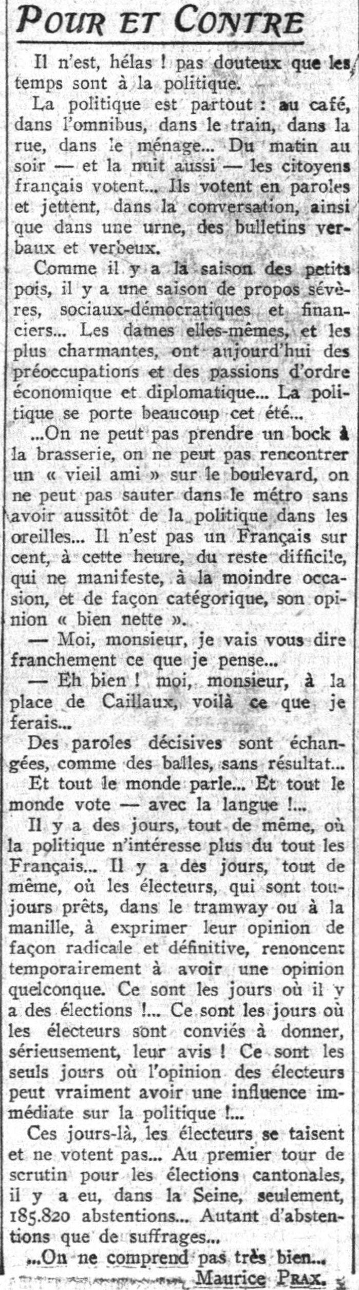 Le Petit Parisien 1925 06 21 art 01 les abstentionniste Maurice Prax 1