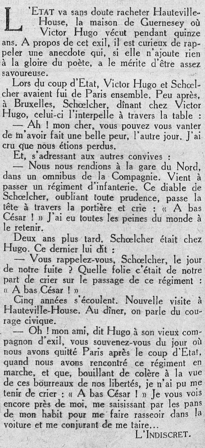 Le Petit journal illustré 1925 06 21 Victor Hugo et Victor Schoelcher une anecdote savoureuse