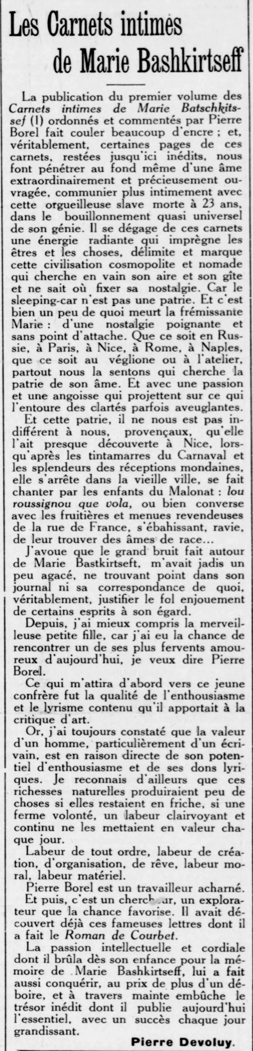 Le Provençal de Paris 1925 06 21 les carnets intimes Marie Bashkirtseff 1