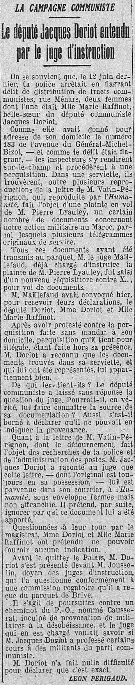 LÉcho de Paris 1925 06 21 MP Jacques Doriot questioned by the investigating judge