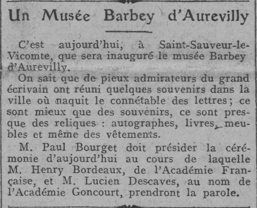 Comoedia 1925 06 28 A Barbey d'Aurevilly Museum inaugurated in Saint-Sauveur-le-Vicomte