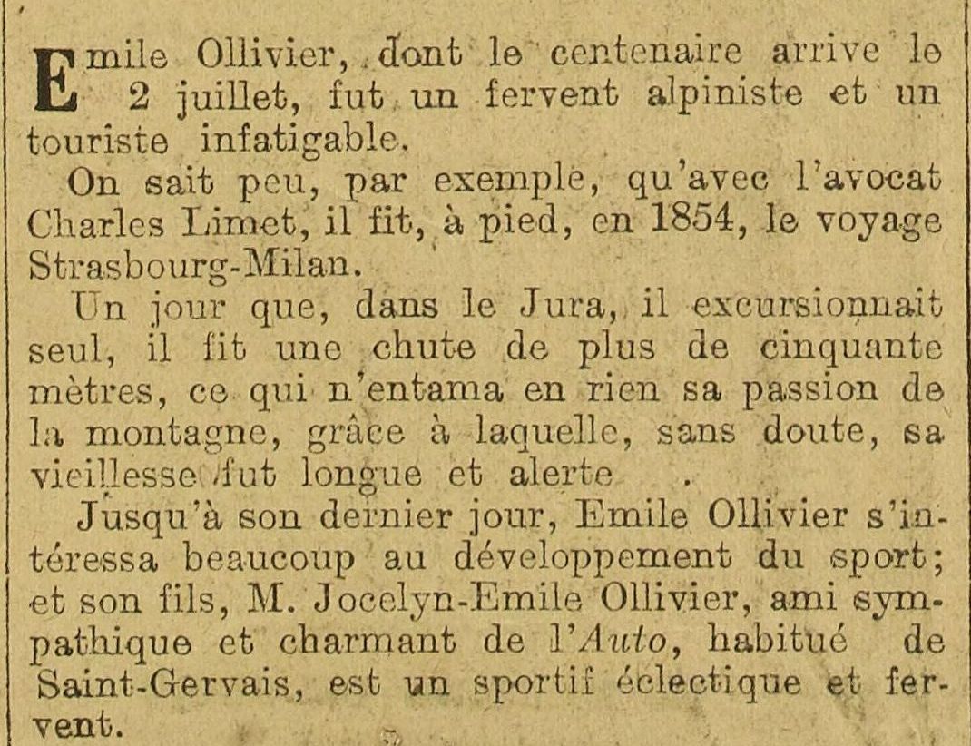 LAuto vélo 1925 06 28 art 01 Emile Ollivier homme politique, fervent alpiniste et touriste infatiguable