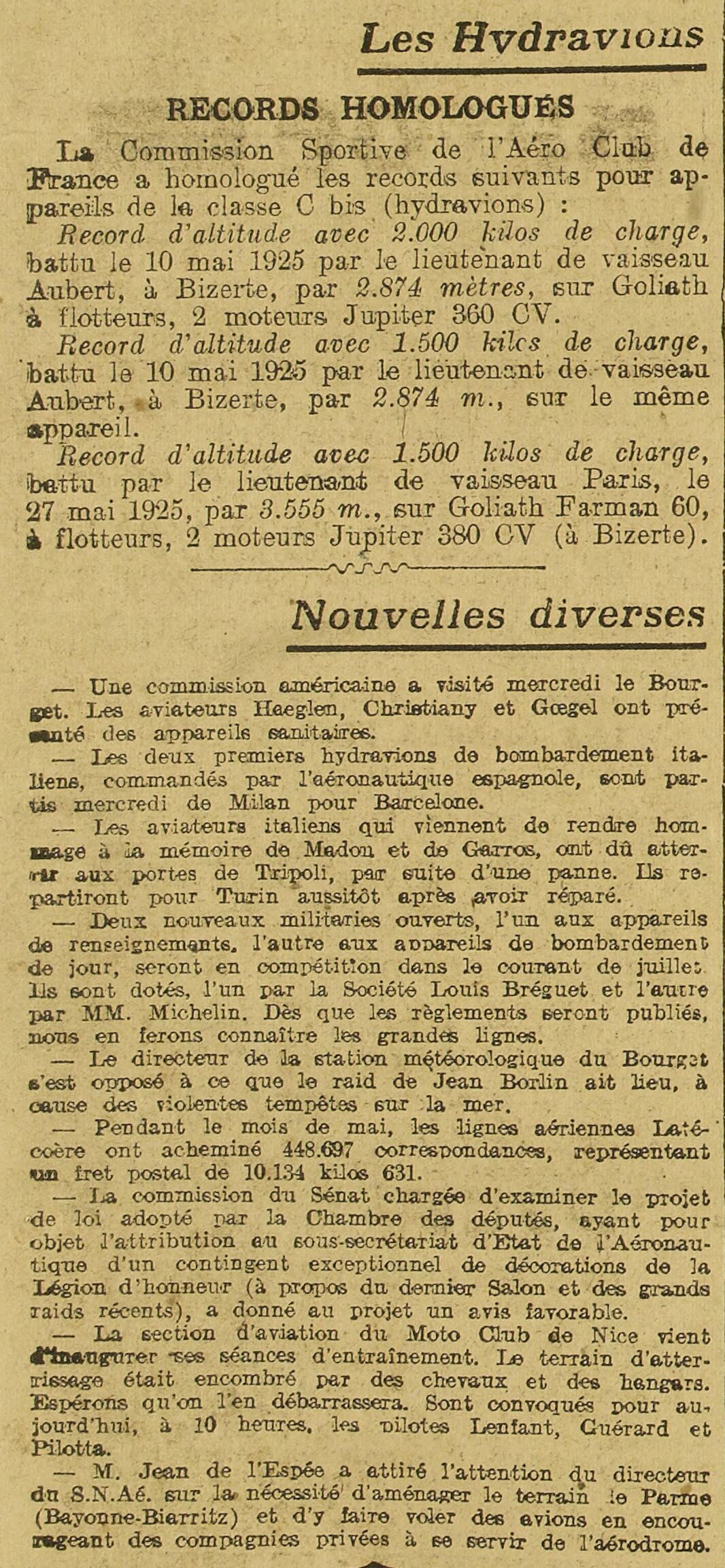 LAuto vélo 1925 06 28  les Hydravions : records homologués et diverses nouvelles