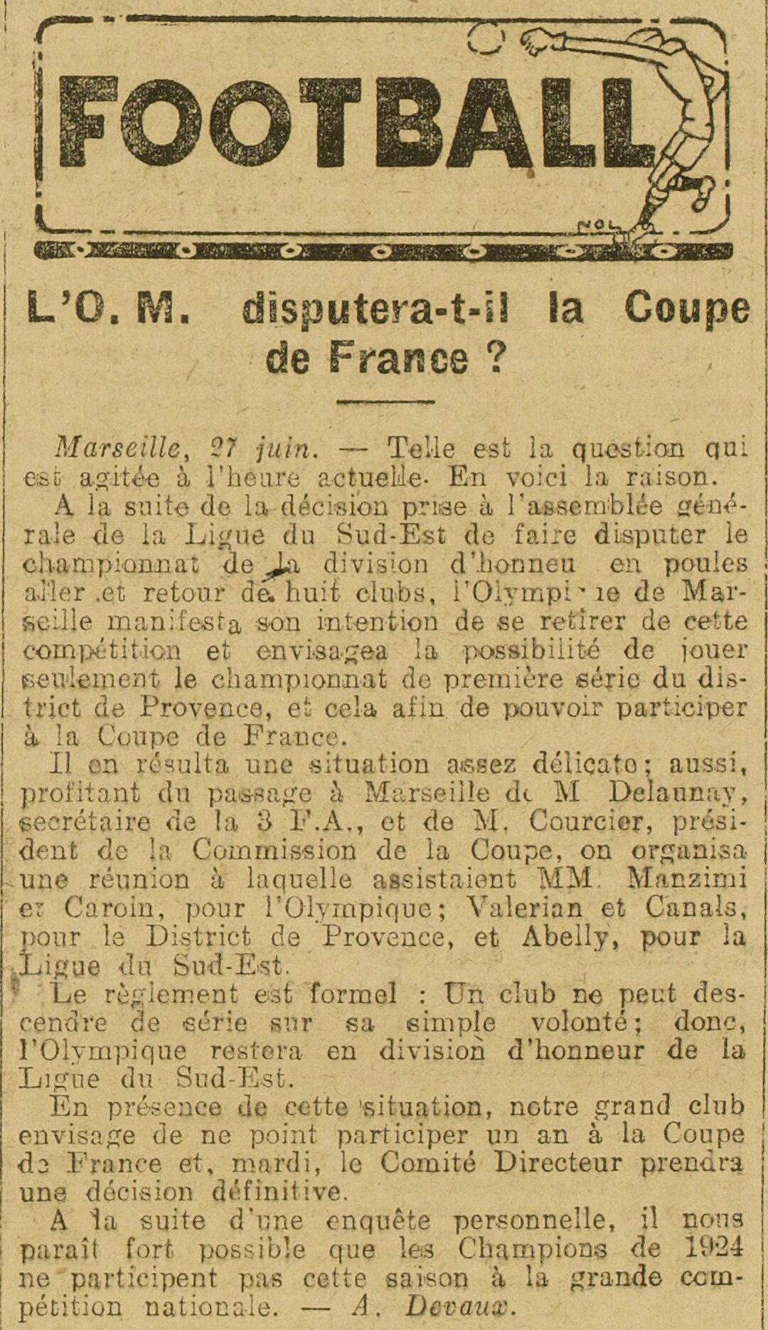 LAuto vélo 1925 06 28 Football, will OM play in the Coupe de France?