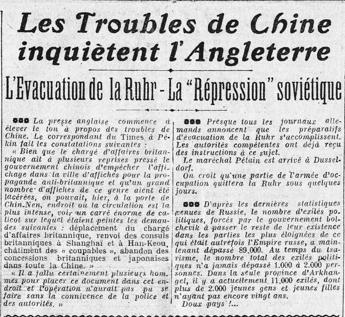 La Presse 1928 06 28 art 01 les troubles en Chine inquiètent lAngleterre 1