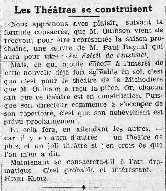 La Presse 1928 06 28 art 02 le théâtre de La Michodière 2