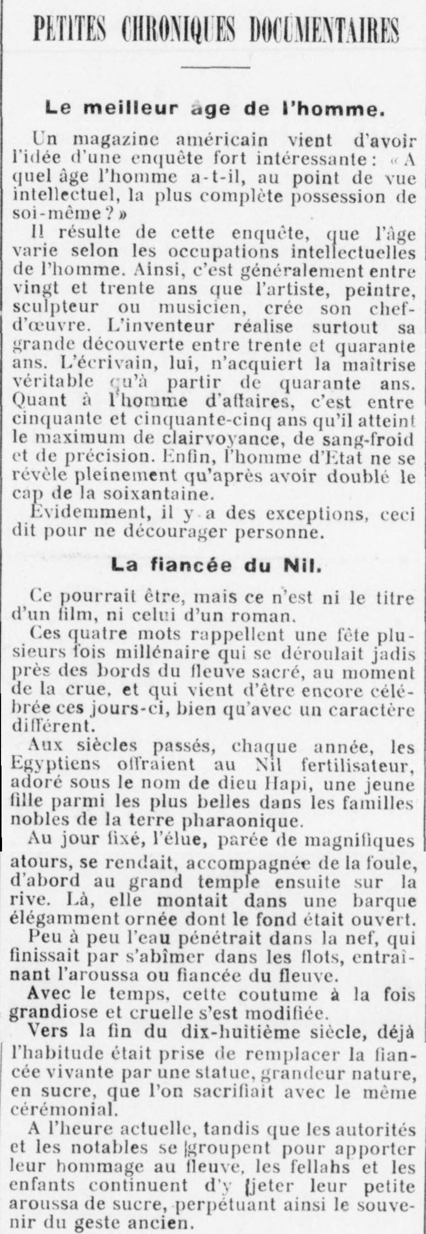 Le Funi 1925 06 28 Petites chroniques documentaires Le bon âge pour être artiste... et la fiancée du Nil fête millénaire