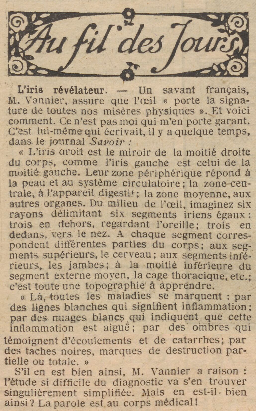 Le Petit écho de la mode 1925 06 28  The revealing iris and Léon Vannier iridology