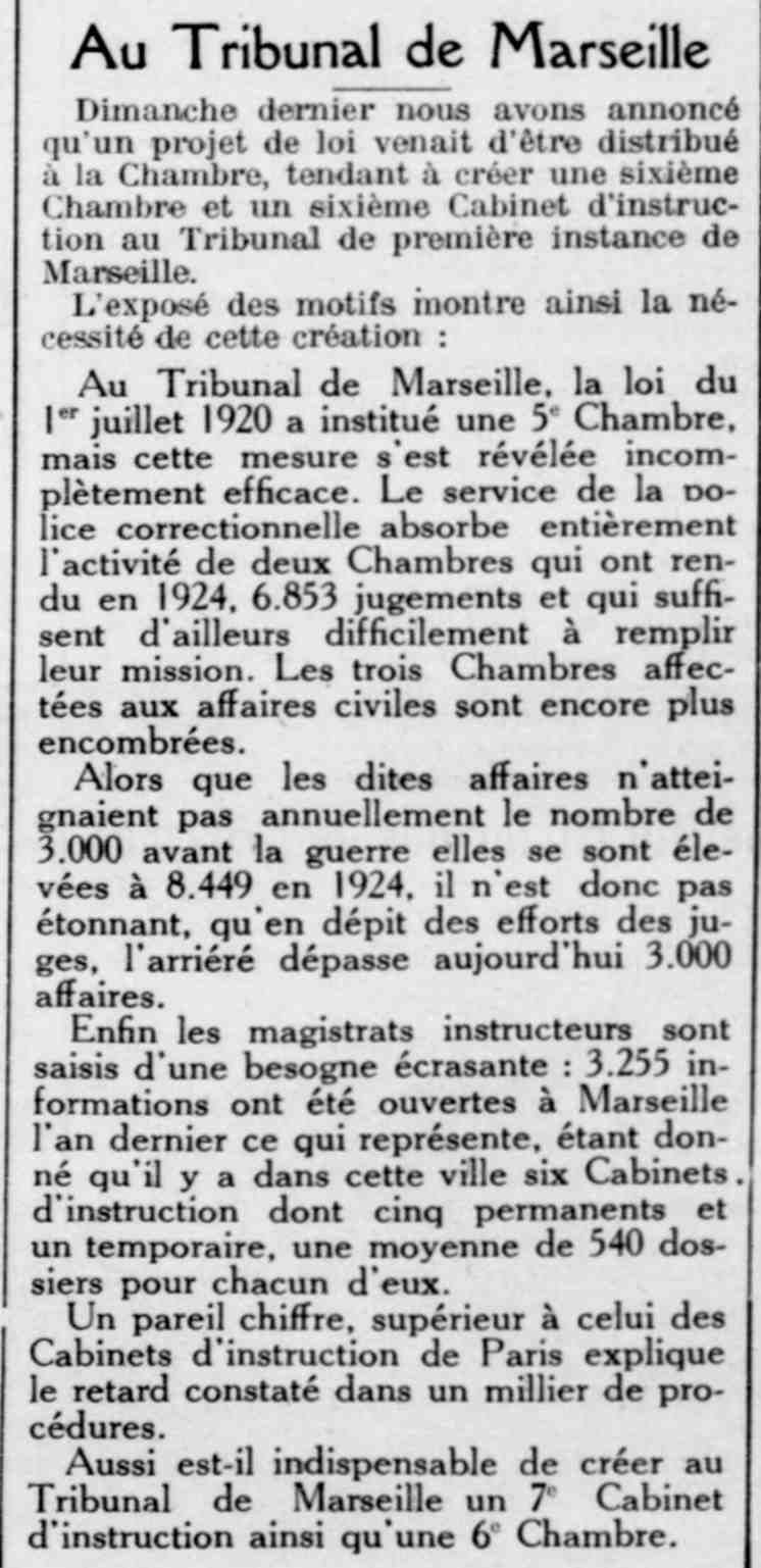 Le Provençal de Paris 1925 06 28  le tribunal judiciaire de Marseille manque de magistrats 