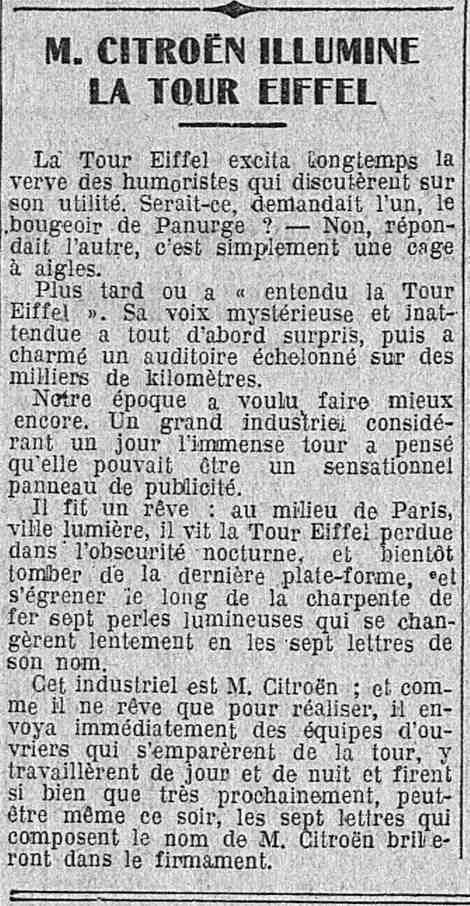 LÉcho de Paris 1925 06 28 Citroën illumine la Tour Eiffel