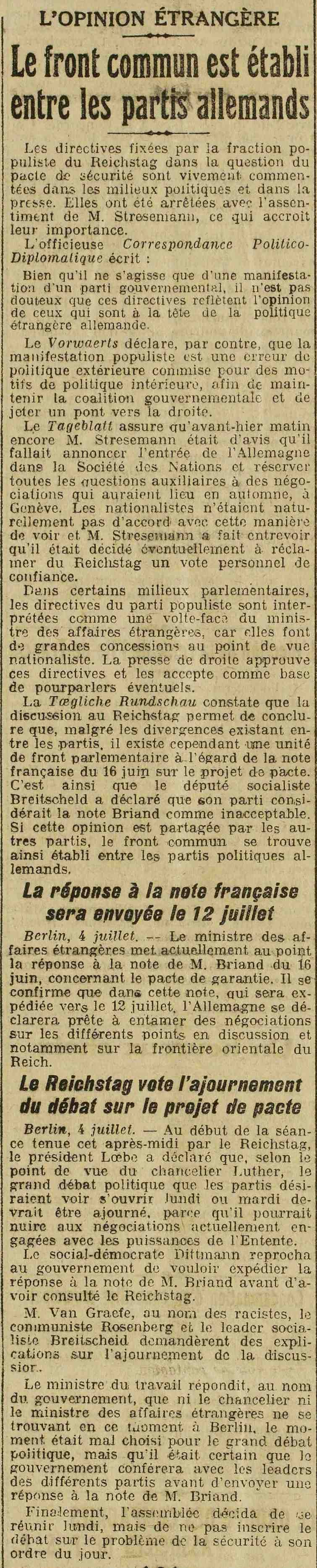 LOeuvre 1925 07 05 The common front is established among the German parties