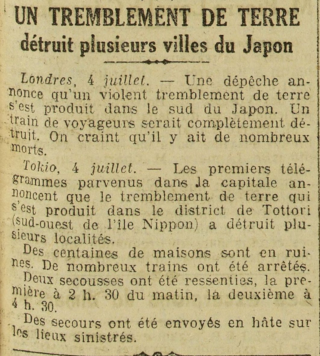 LOeuvre 1925 07 05 An earthquake destroys several cities in Japan