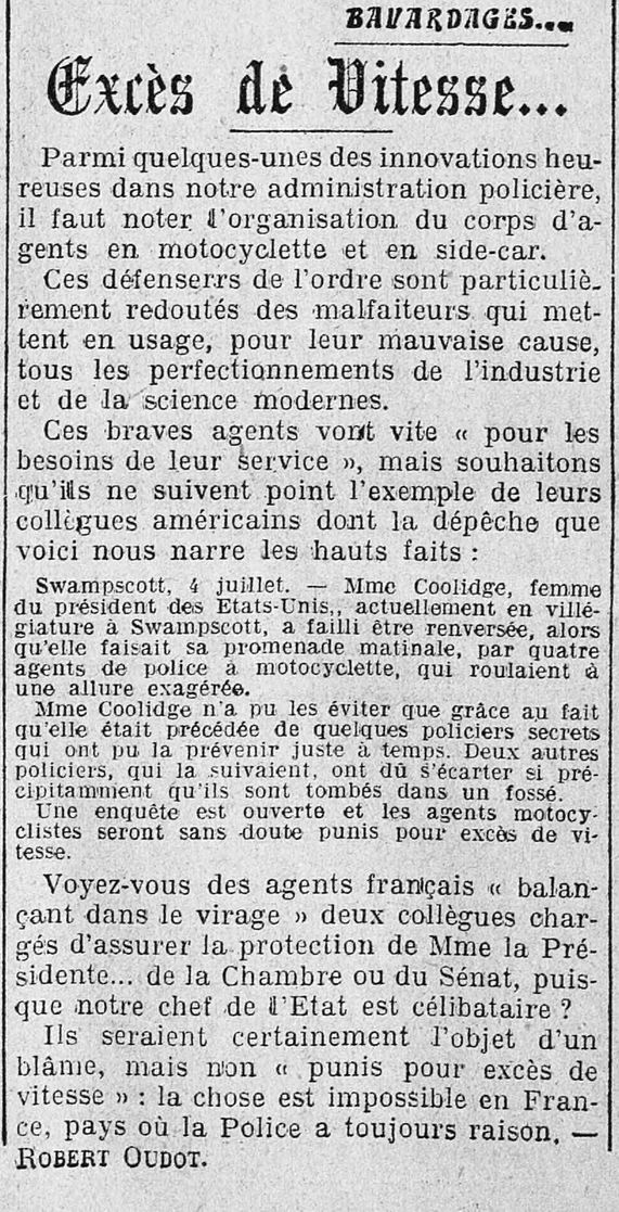 La Presse 1925 07 05 art 01 Mrs. Coolidge was almost knocked down by four motorcycle police officers