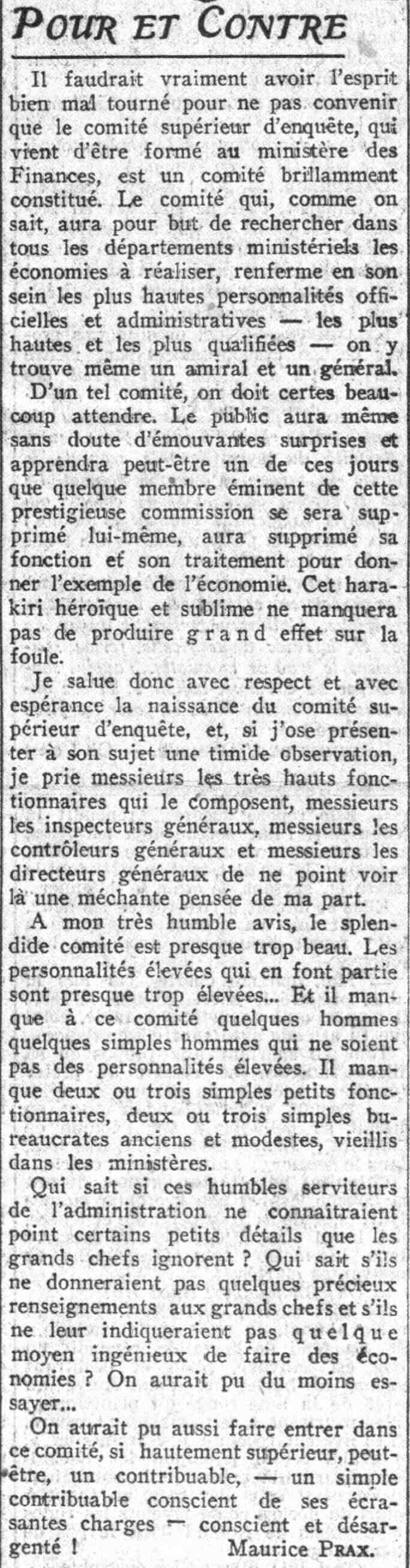 Le Petit Parisien 1925 07 05 The Higher Investigation Committee will have to look for savings to be made by Maurice Prax 