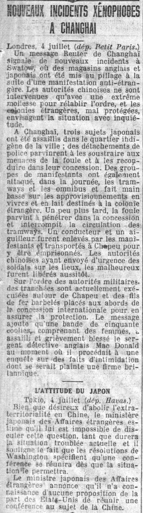 Le Petit Parisien 1925 07 05 New xenophobic incidents in Shanghai