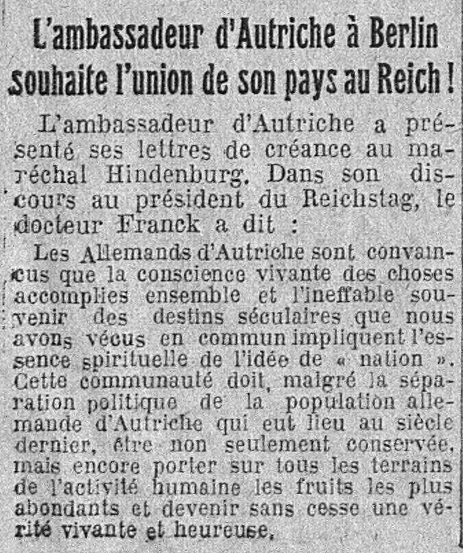 LÉcho de Paris 1925 07 05 L'ambassadeur d'Autriche à Berlin souhaite l'union de son pays à l'Allemagne