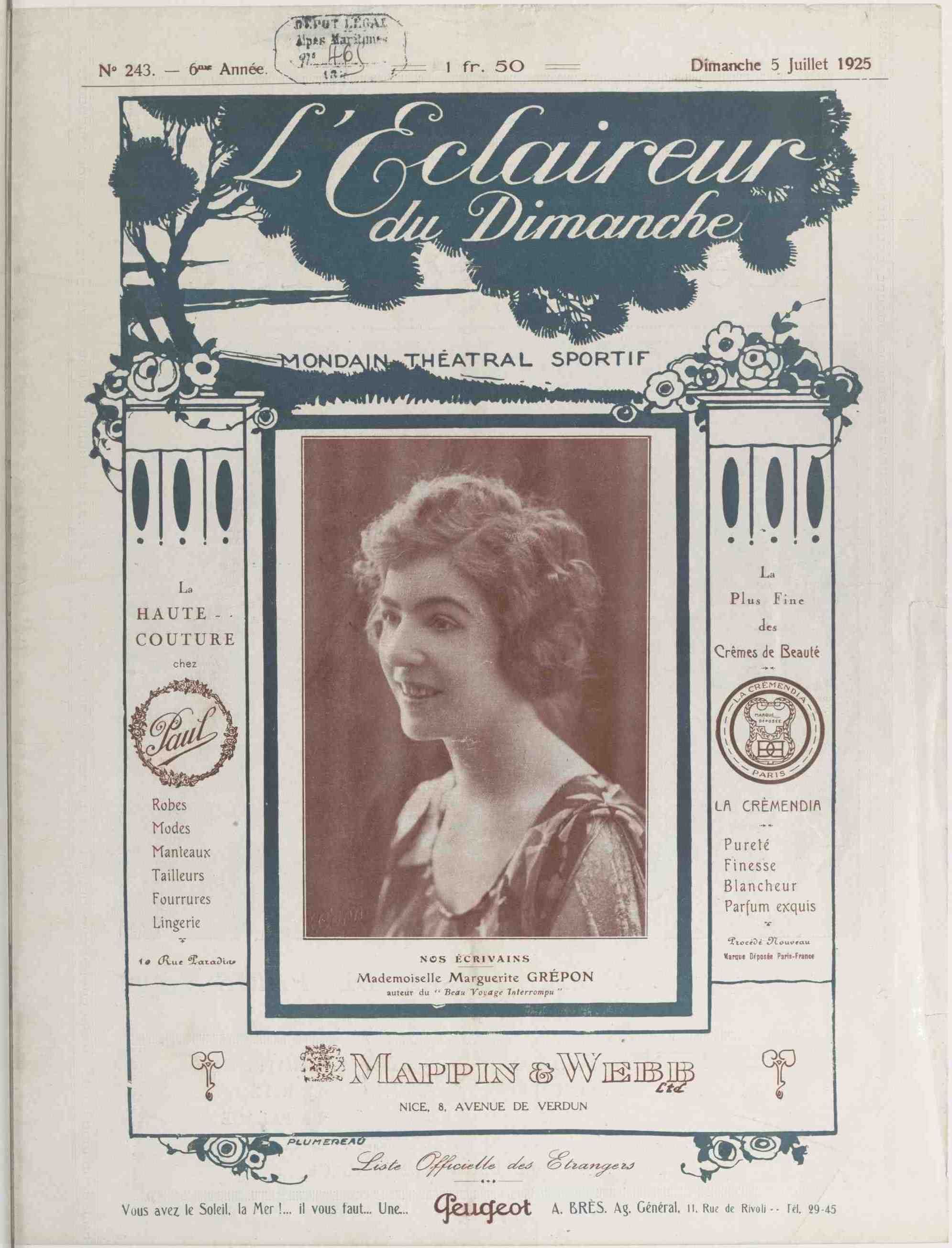 LÉclaireur du dimanche 1925 07 05 Marguerite Grépon, writer. Presentation of her book, The Beautiful Interrupted Journey