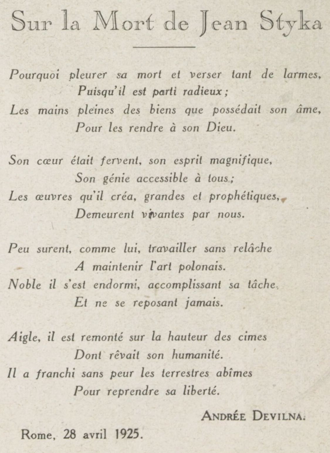 LÉclaireur du dimanche 1925 07 05  poème pour Jan Styka par Andrée Delvina