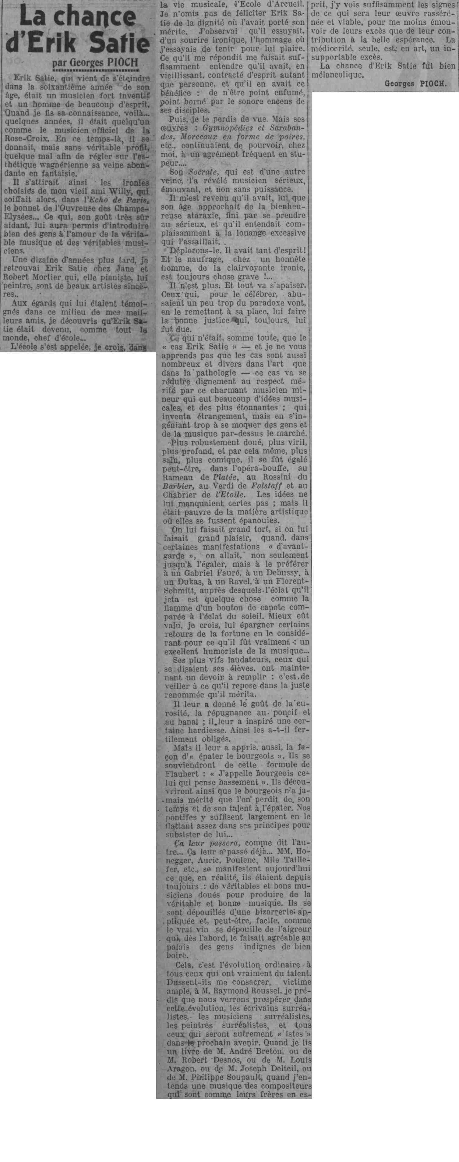 Paris soir 1925 07 05 Erik Satie's luck