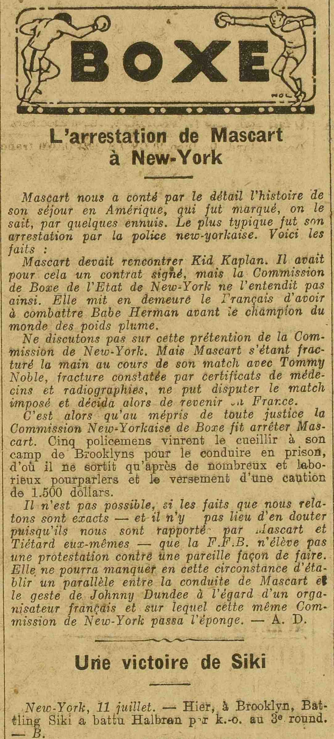 LAuto vélo 1925 07 12 Mascart's arrest in New York