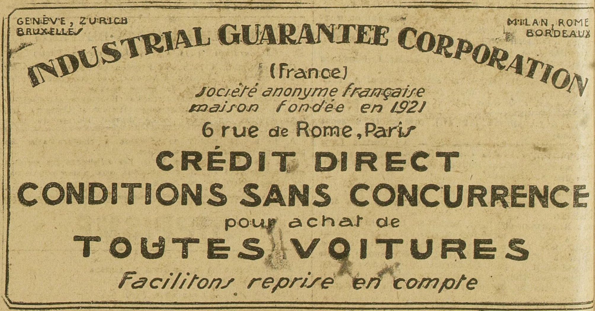 LAuto vélo 1925 07 12 advertisement Industrial Guarantee car loan 