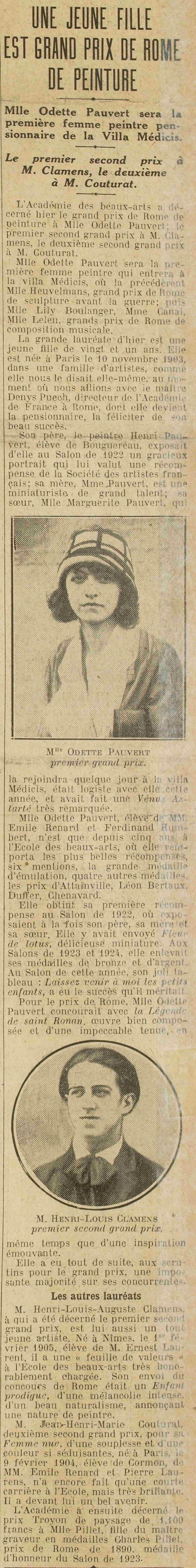 Excelsior 1925 07 19 -1st female painter to win the Prix de Rome for painting, resident of the Villa Medicis