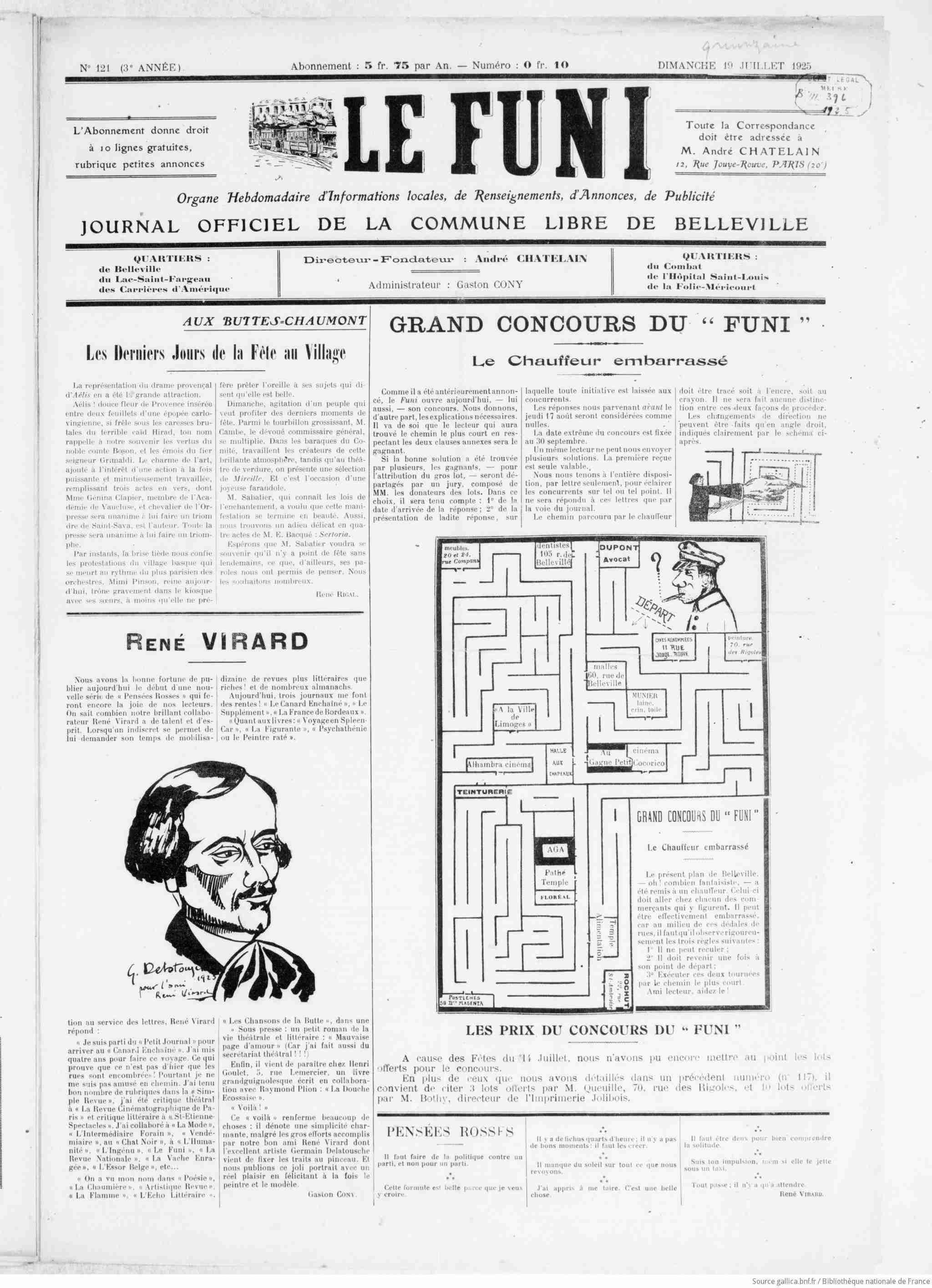 Le Funi 1925 07 19 Page 01 grand concours du Funi le chauffeur embarrassé