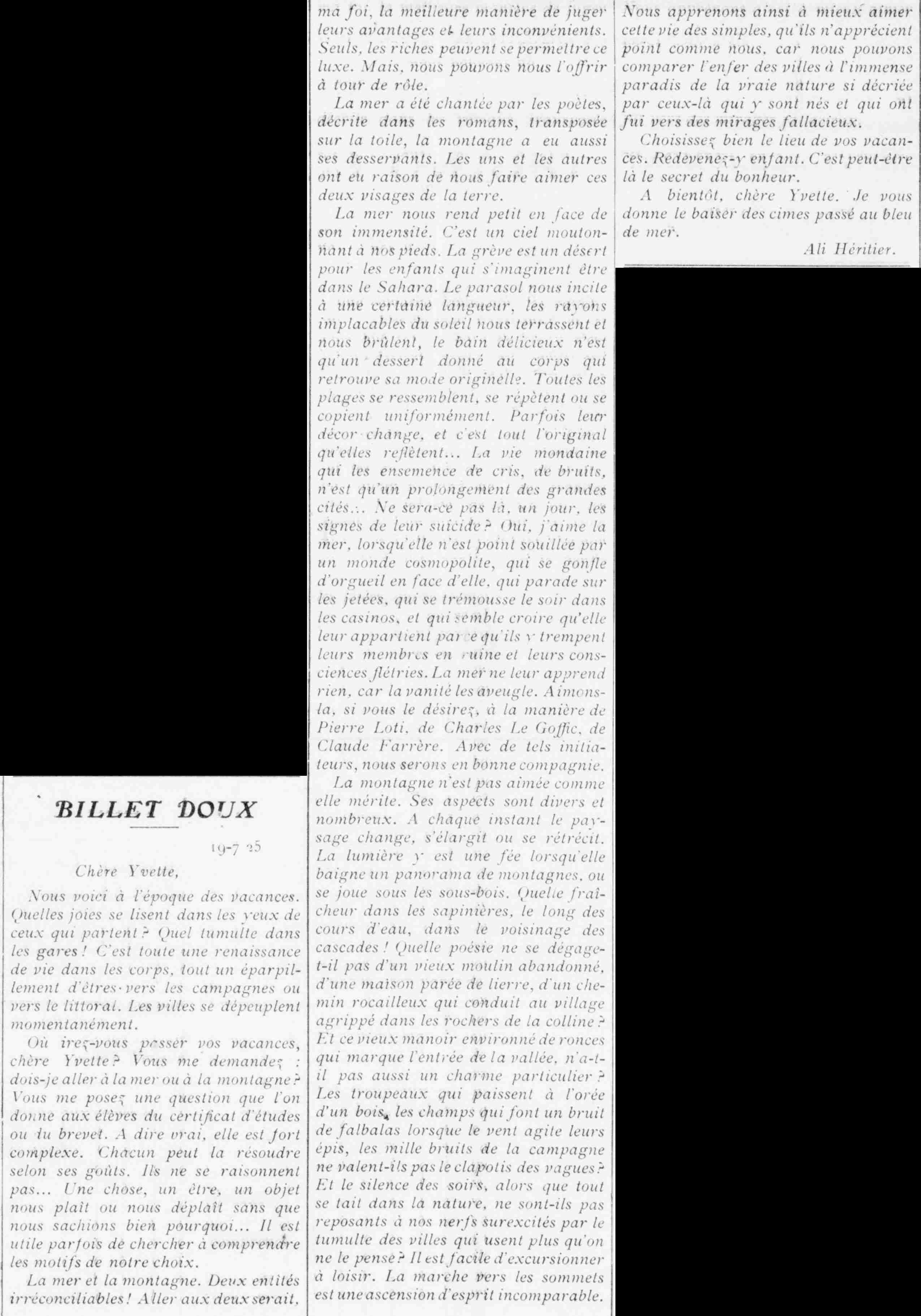 Le Funi 1925 07 19 sweet note : the sea or the mountain