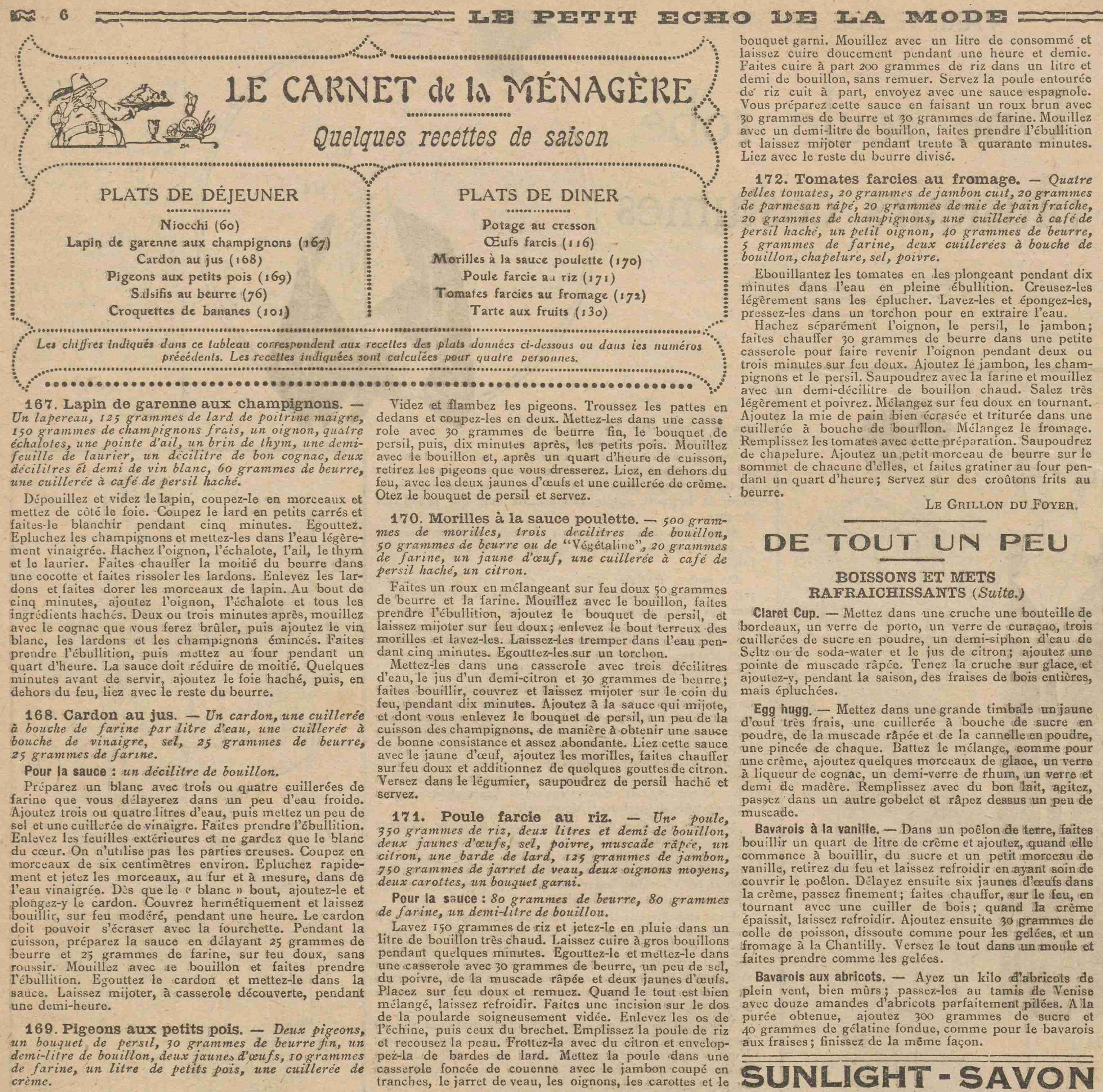 Le Petit écho de la mode 1925 07 19 The weekly notebook of La Bignole and Grillon du foyer presents the following recipes