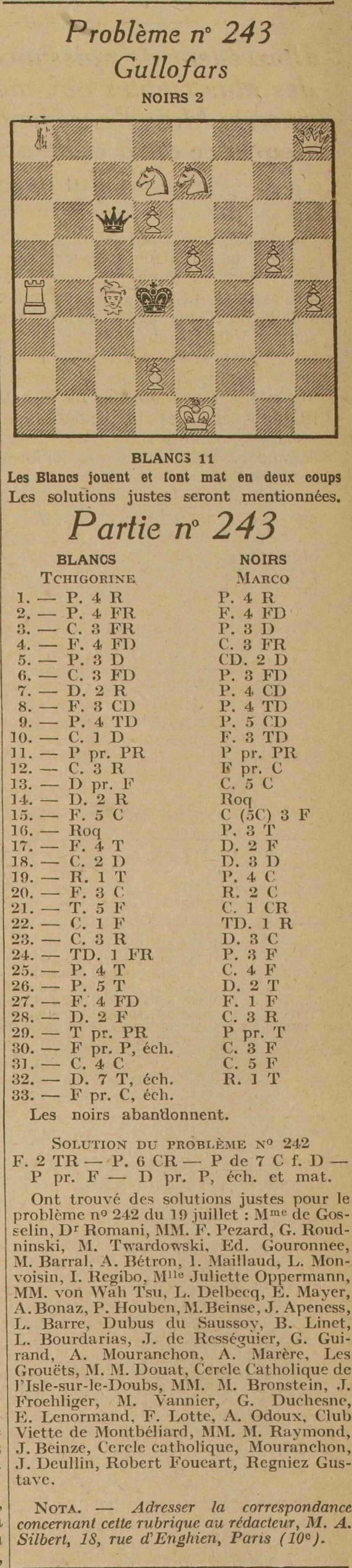 Excelsior 1925 07 26 La partie d'échecs n°243 disputée entre Tchigorine et George Marco
