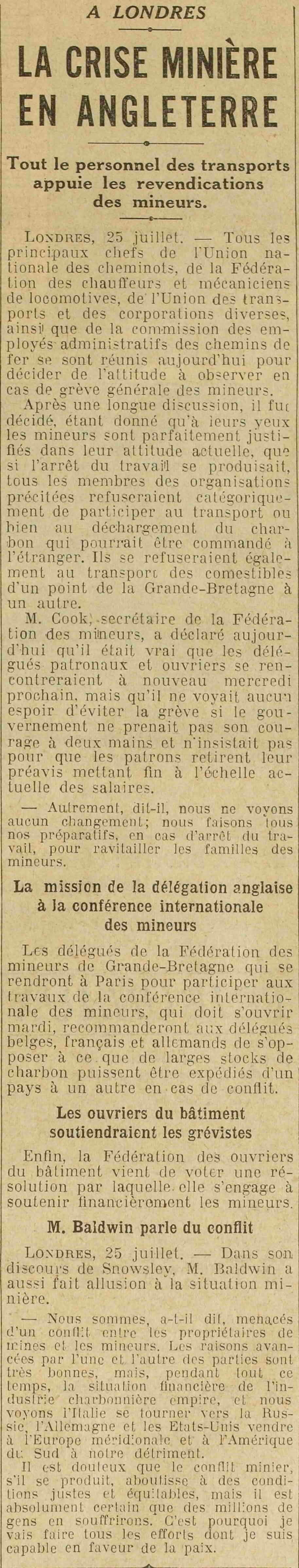 Excelsior 1925 07 26  crise minière en Grande Bretagne 