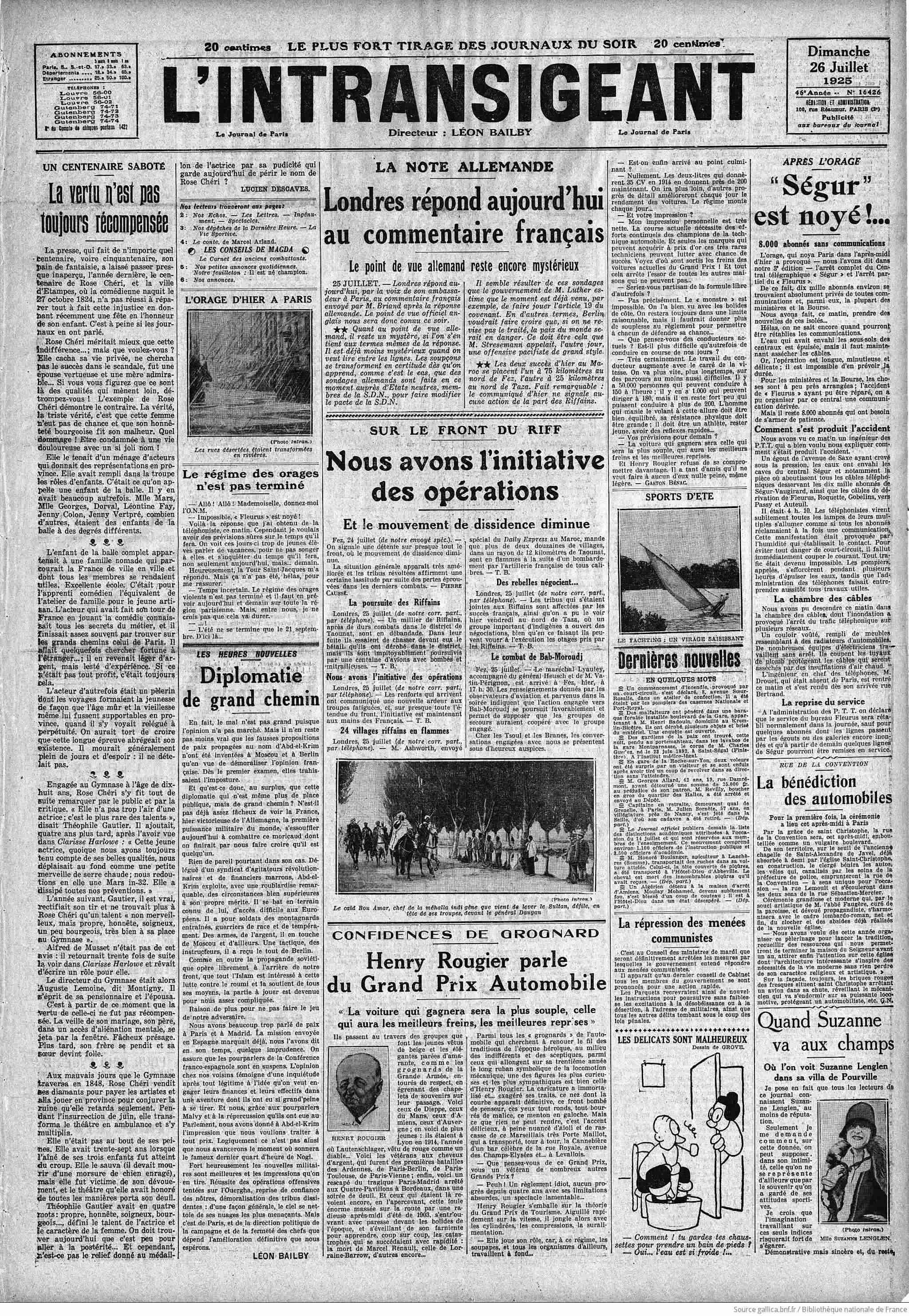 LIntransigeant 1925 07 26 Page 01 Rose Chéri 1
