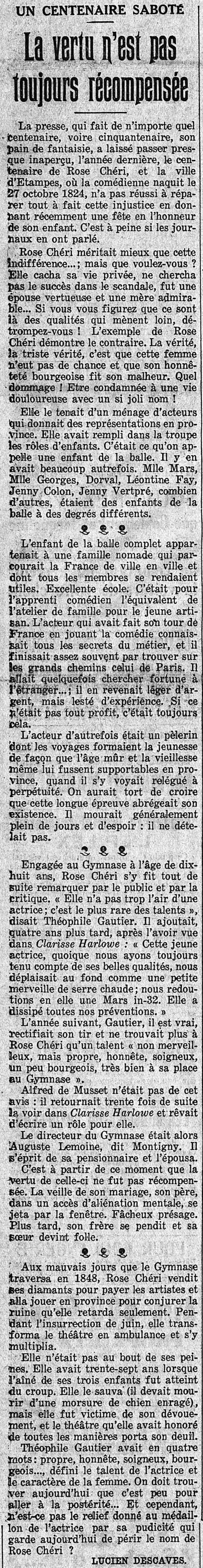 LIntransigeant 1925 07 26 art 01 Rose Chéri 