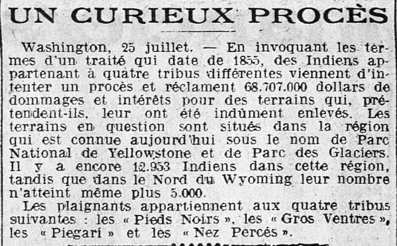 La Presse 1925 07 26 art 04  Citing an 1855 treaty, Native American tribes sue the United States government