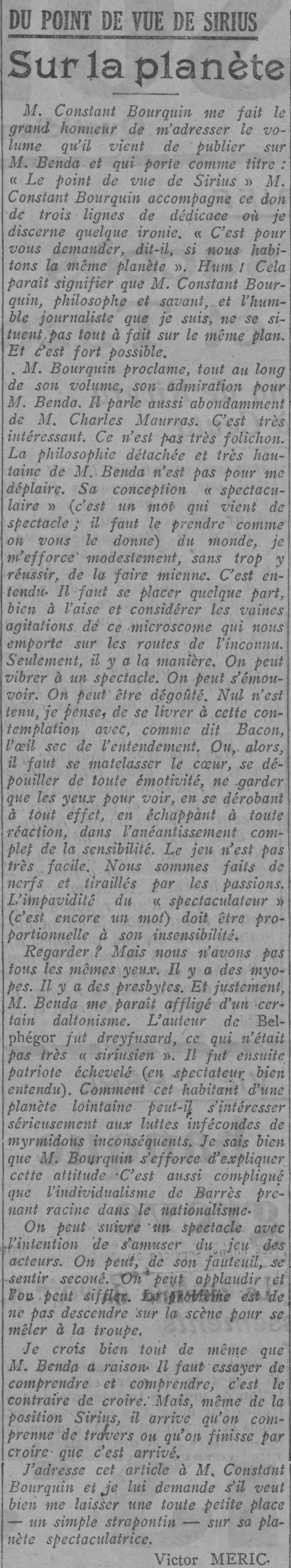 Paris soir 1925 07 26 art 02 01 On the planet the point of view of Sirius