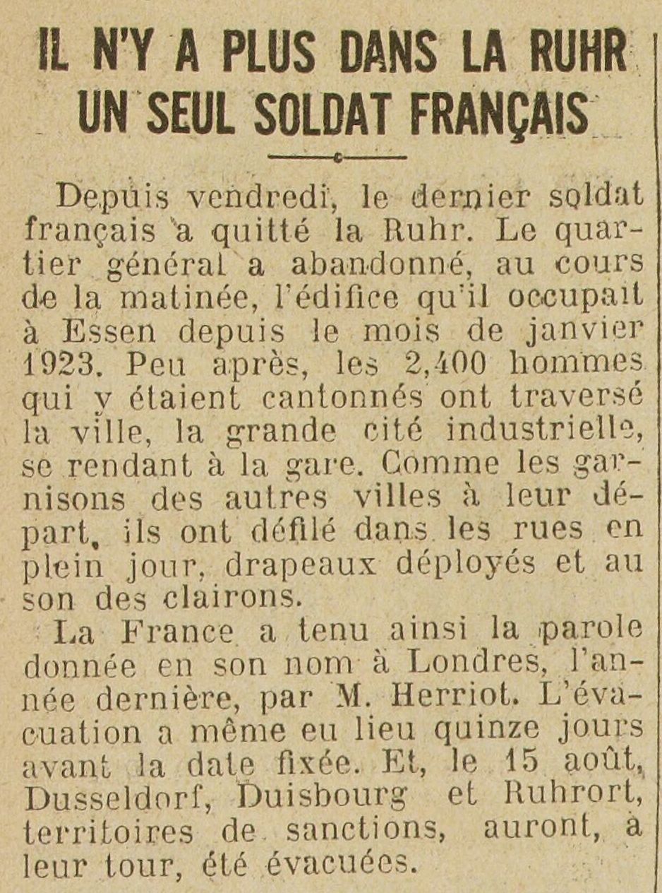 Excelsior 1925 08 02 art 02 The last French soldier has left the Ruhr