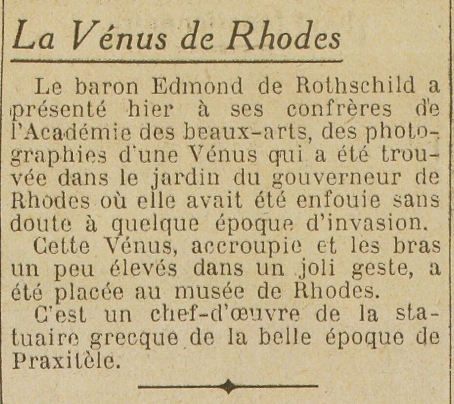 Excelsior 1925 08 02 art 02 la Vénus de Rhodes 2
