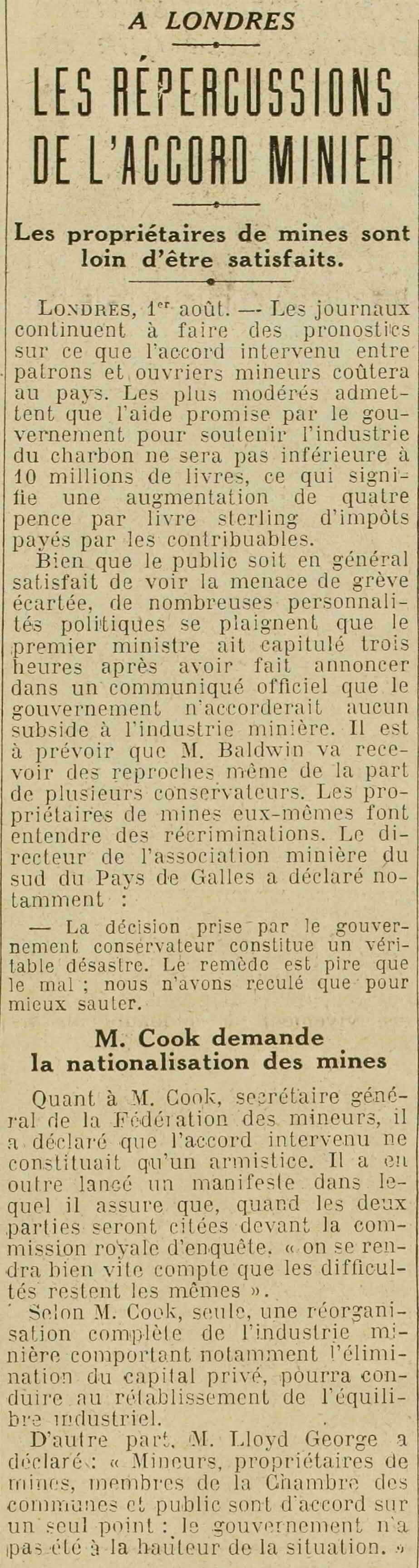Excelsior 1925 08 02 art 03 répercussions de l'accord minier en Angleterre