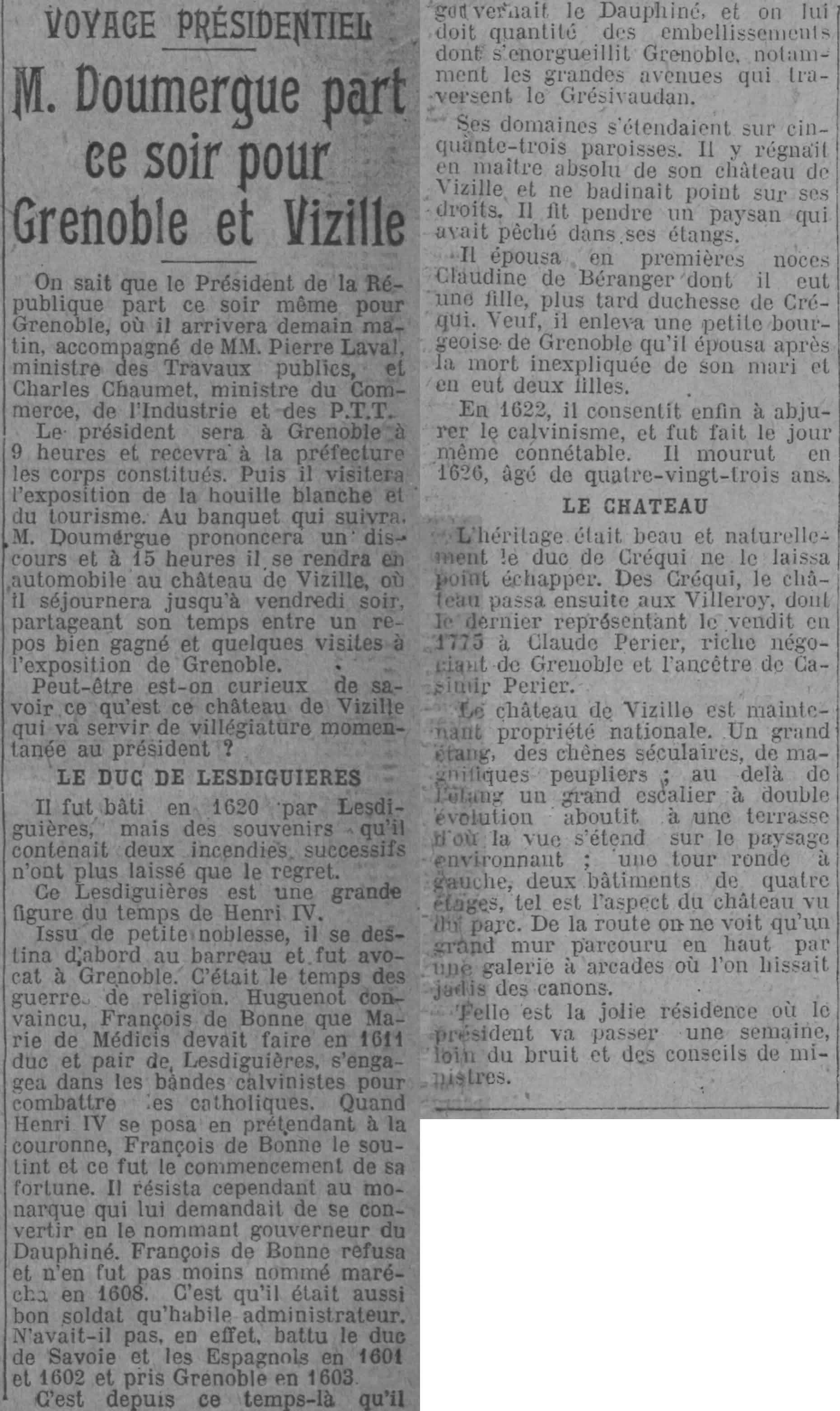 Paris soir 1925 08 02 art 01 Doumergue à Vizille 1