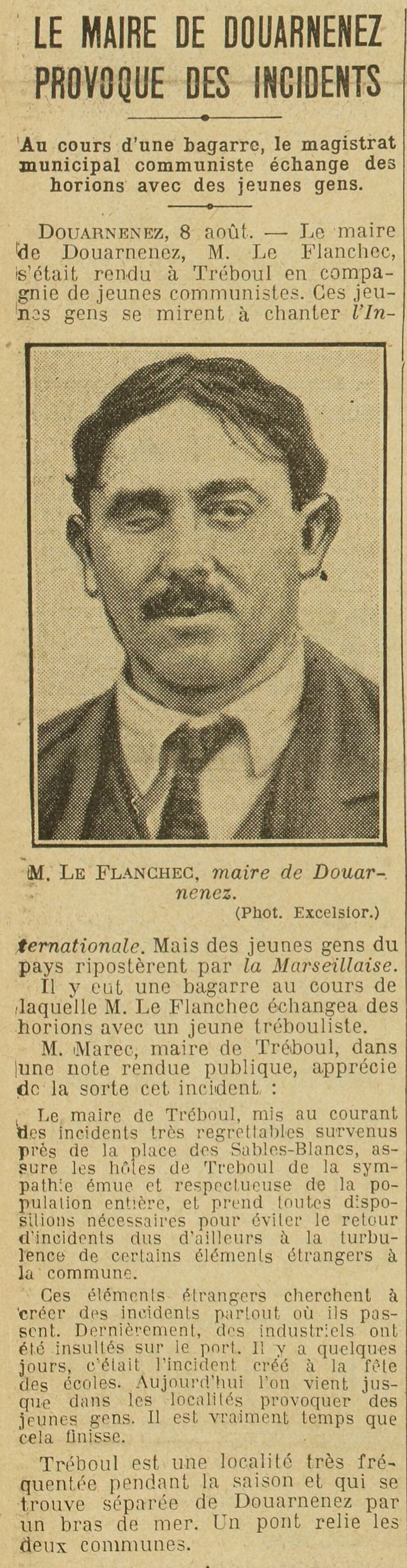 Excelsior 1925 08 09 art 01 Incident entre Treboul et Douarnenez