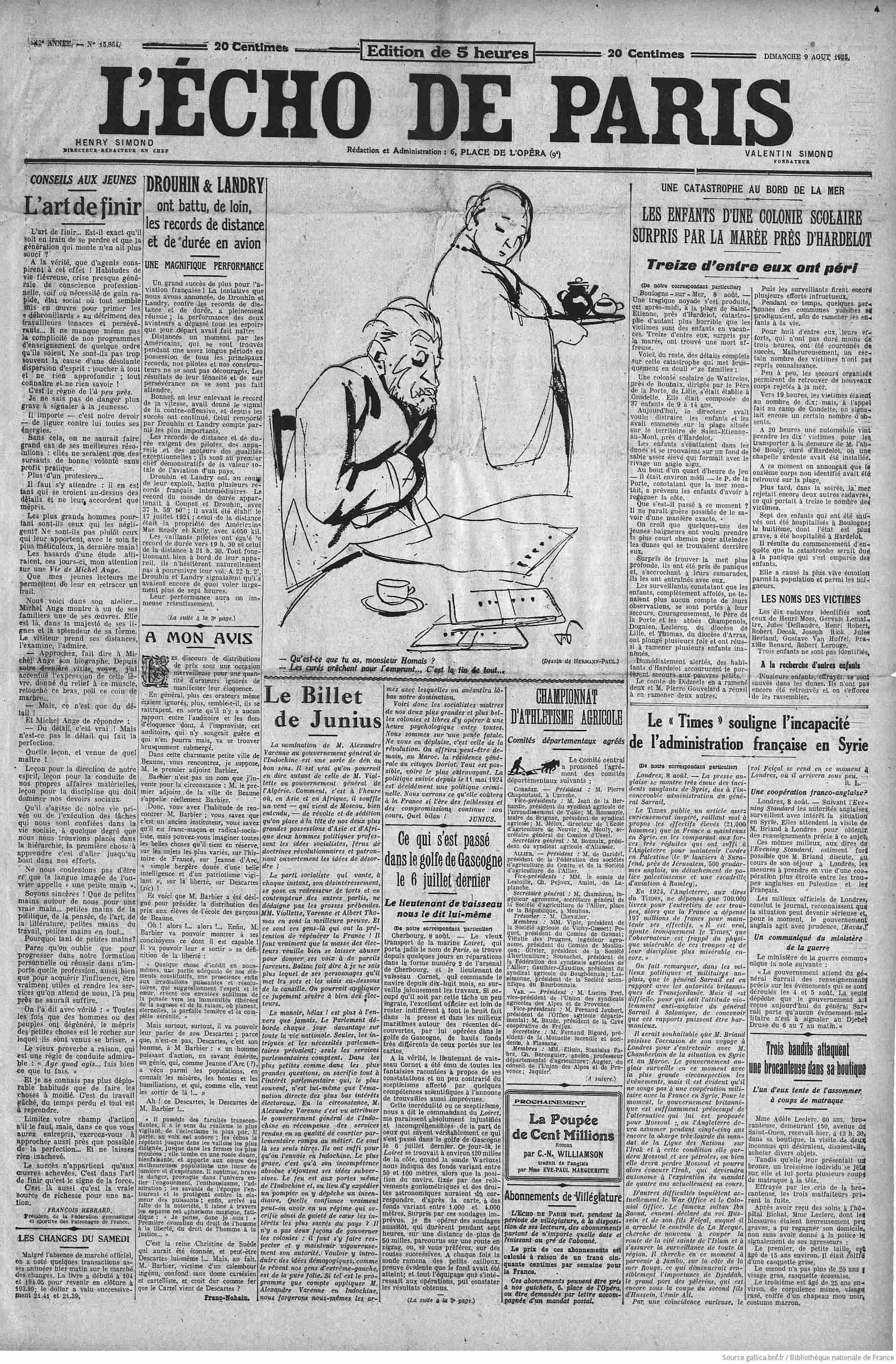 LÉcho de Paris 1925 08 09 Page 01 