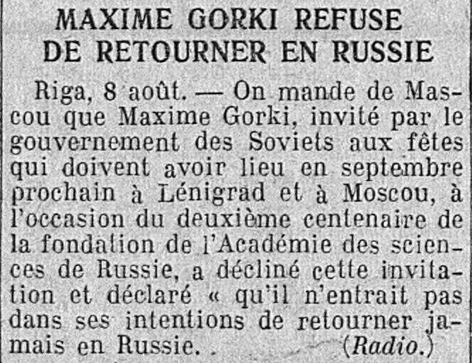 LÉcho de Paris 1925 08 09 art 03 Gorki refuse de retourner en Russie