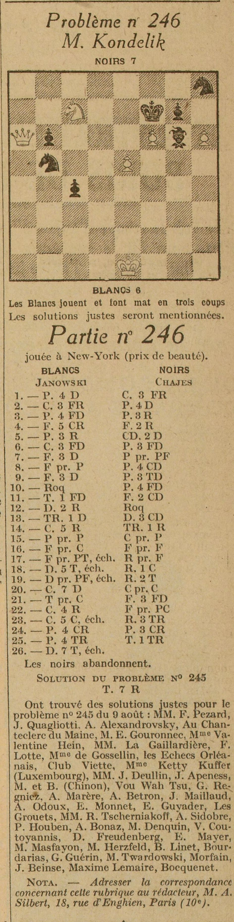 Excelsior 1925 08 16 art 02 Echecs, partie jouée entre David Janowski et Oscar Chajes