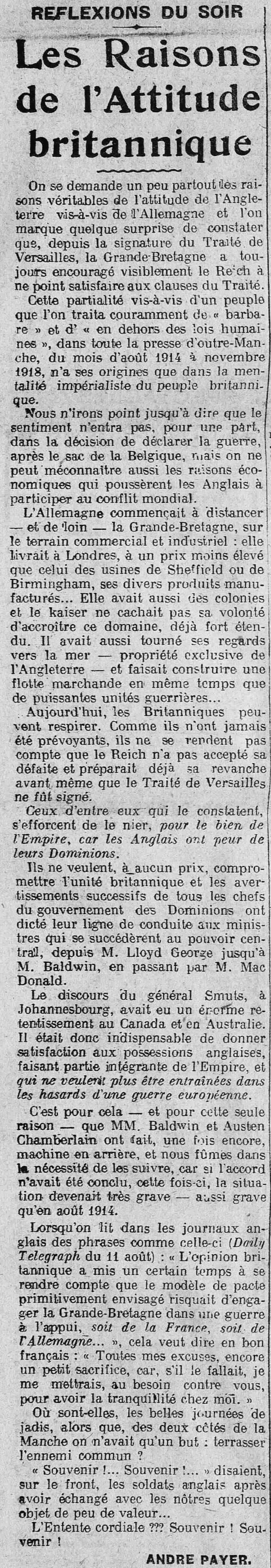 La Presse 1925 08 16 art 01 les raisons de l'attitude de la Grande Bretagne face à l'Allemagne