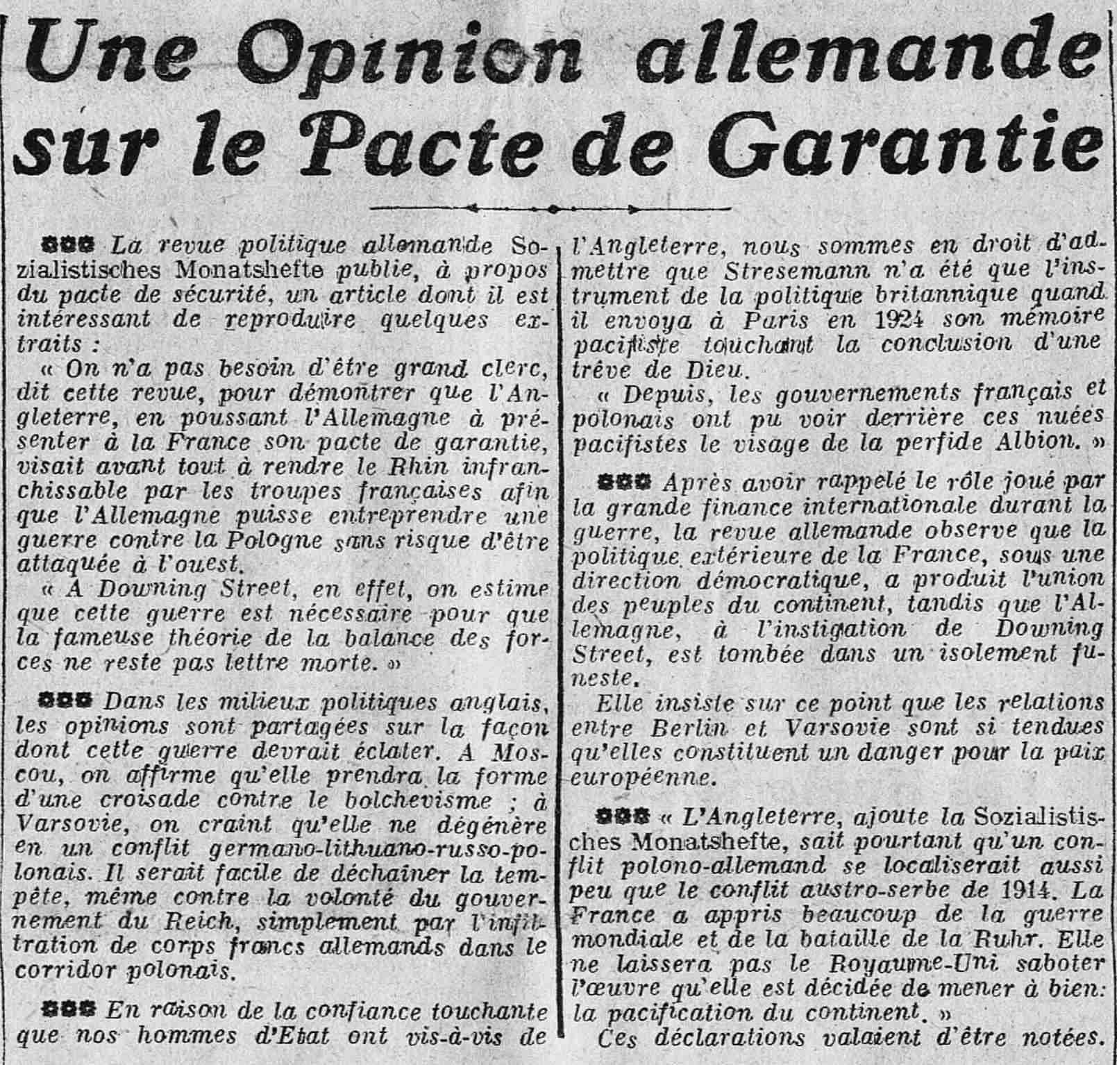 La Presse 1925 08 16 art 01 une opinion allemande 