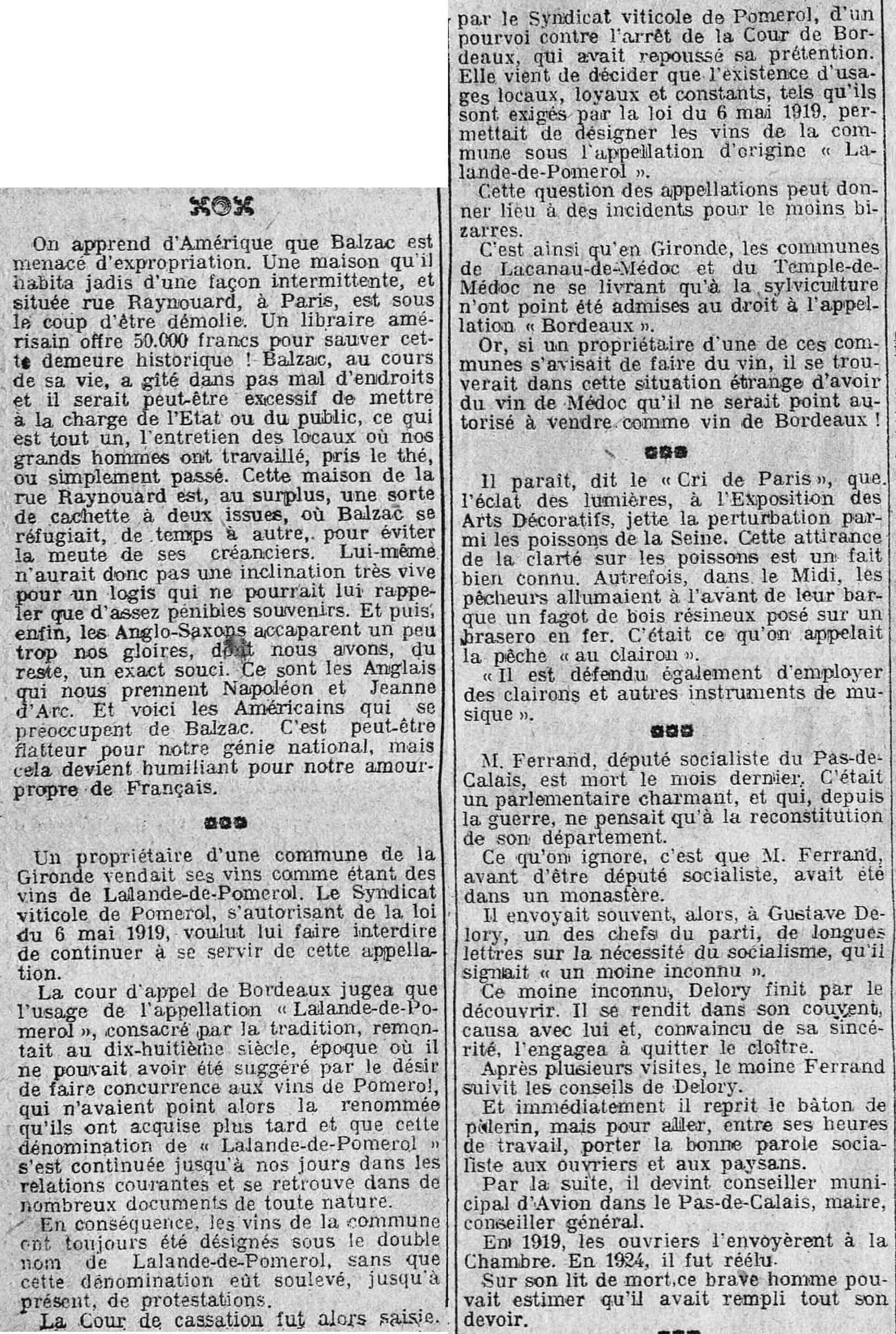 La Presse 1925 08 16 art 02 03 l'expulsion de Balzac 