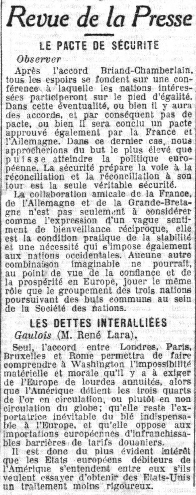 Le Petit Parisien 1925 08 16 art 03 le pacte de sécurité les dettes des alliés