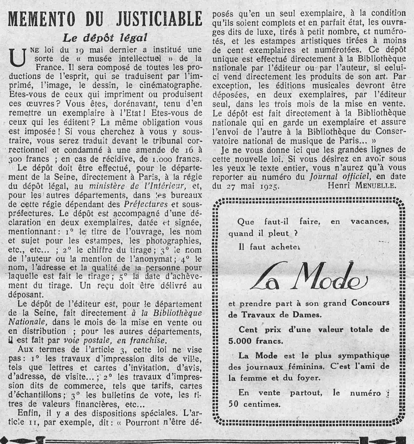 Le Petit journal illustré 1925 08 16 art 02 le memento du justiciable 