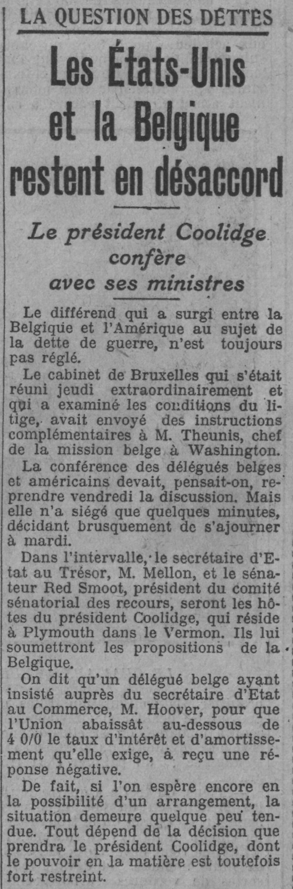 Paris soir 1925 08 16 art 01 désacord entre les USA et la Belgique sur le règlement des dettes 