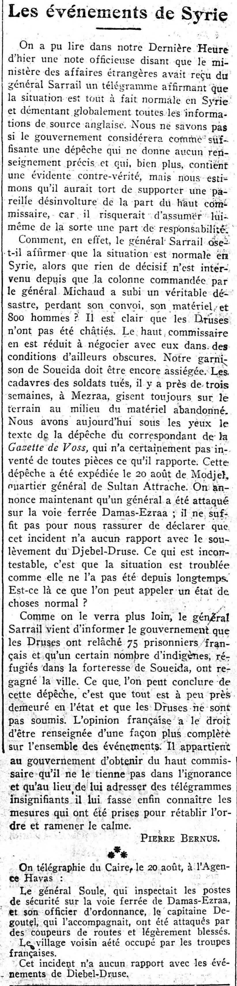 Journal des débats 1925 08 23 art 01 01 évènements en Syrie 